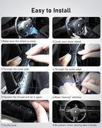 Leather Steering Wheel Cover Lace Up, Stitch on Steering Wheel Wrap, Universal Fit 13-20 Inch Car Truck Pickup Boat, A Whole Piece of Cowhide, DIY w/Needle Thread (Size XS6, Black)