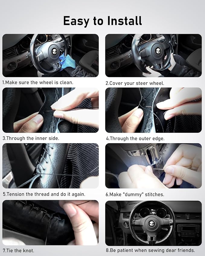 Leather Steering Wheel Cover Lace Up, Stitch on Steering Wheel Wrap, Universal Fit 13-20 Inch Car Truck Pickup Boat, A Whole Piece of Cowhide, DIY w/Needle Thread (Size XL5, Black)