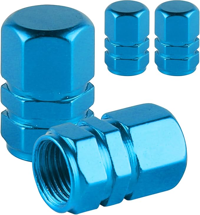 Aluminum Tire Stem Valve Caps Wheel Valve Covers Car Dustproof Tire Cap Cover Accessories, Universal for SUV, Car, Bike and Motorcycle，Hexagon Shape (4PCS Light Blue)