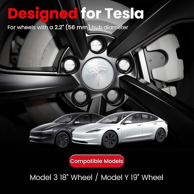 4 Pack Car Wheel Center Hub Cap Kit with 22 Lug Nut Covers, 2.2 in (56mm) Wheel Rim Covers Center Hubcaps with Emblem for Model 3 / Model Y, Silver Exterior Decoration Accessories for Tesla