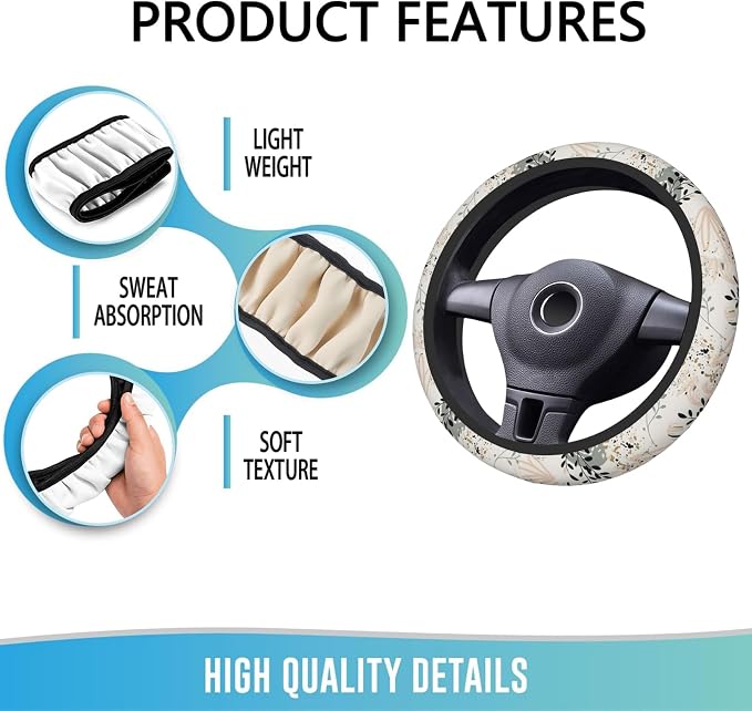 Elastic Steering Wheel Cover Car Accessories Cute Universal 15 Inch Absorbing Sweat Non-Slip Breathable for Man Woman - Boho Leaves