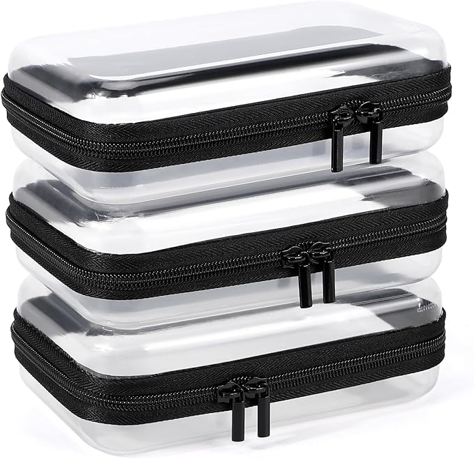 3 Pack Clear Hard Shell Zipper Case, Clear Zipper Pouches Waterproof Makeup Organizer & Travel Toiletry Bag, Plastic Pouch for Travel Office Storage, Home, Black Small Size