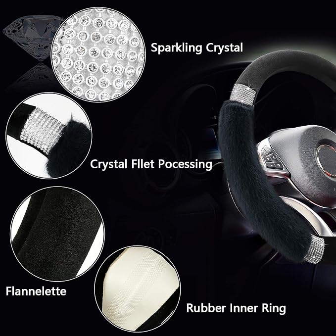 Rhinestone Fluffy Steering Wheel Cover - Comfortable Non-Slip Luxury Faux Wool, Universal Fit for 14.5" to 15" Steering Wheels