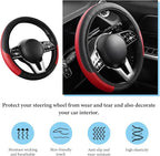 Car Steering Wheel Cover, 15 Inch Anti-Slip Stretch Leather Steering Wheel Protector, Comfortable Breathable Sporty Steering Wheel Cover for Women Men, Car Accessories (Black & Red, AD)