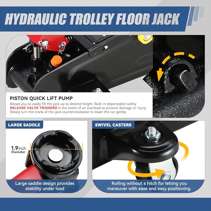 2 Ton Floor Jack with Jack Stands, Heavy Duty Steel Hydraulic Racing Floor Jack with Single Piston Quick Lift Pump, Hydraulic Trolley Service Car Jack, Red/Black