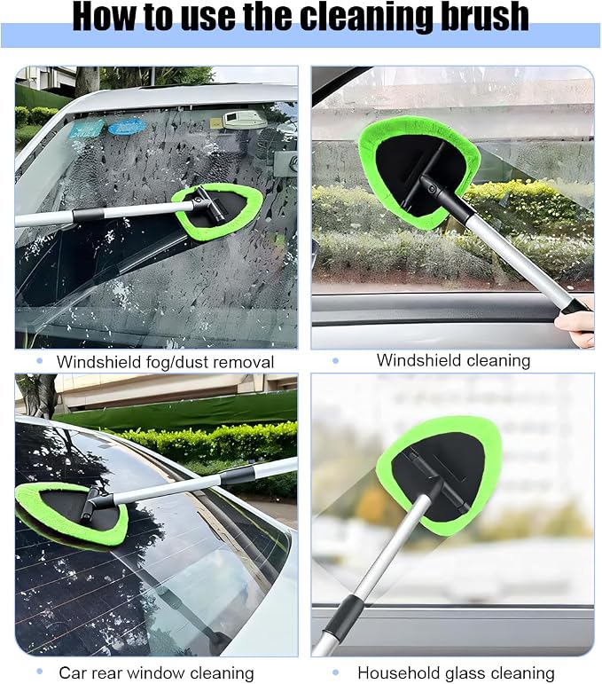 Car Windshield Cleaner Tool, Vehicle Window Detailing Cleaning Kit with Extendable Handle & 4 Washable Microfiber Pad, Auto Glass Wiper Cleaner for Exterior & Interior, Universal Fit (Green)