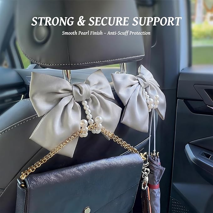 2 PCS Bow Pearl Car Seat Headrest Hook – Cute Purse Hook for Car, Girly Interior Decoration Accessories Hook Hanger, Seatback Holder for Purses & Bags, Elegant Car Organizer (Moonlight Grey)