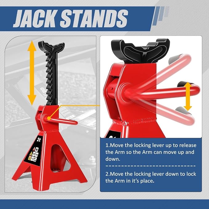 2 Ton (4000 lbs) Capacity Floor Jack Low Profile Garage Hydraulic Trolley Service Lift Floor Jack Combo with Ratchet Jack Stands for SUV, Car and Truck, Red