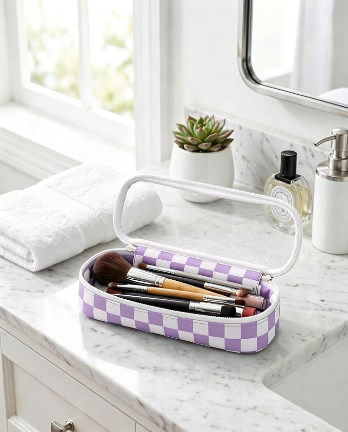 Preppy Checkered Clear Travel Makeup Brush Holder,Purple and Beige Checkered Makeup Brush Toiletry Bag,Portable Cosmetic Brush Case,Transparent Waterproof Makeup Brush Storage Bag