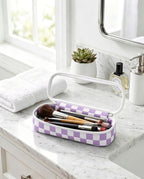Preppy Checkered Clear Travel Makeup Brush Holder,Purple and Beige Checkered Makeup Brush Toiletry Bag,Portable Cosmetic Brush Case,Transparent Waterproof Makeup Brush Storage Bag