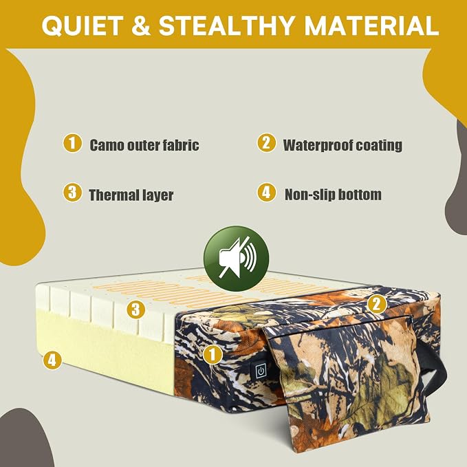 Heated Hunting Seat Cushion Pad Thermal Hunting Seat with 10000 mAh Power Bank Adjustable Temperature Hunting Hot Seat Cushion for Tree Stand,Bleacher,Sport Without Backrest