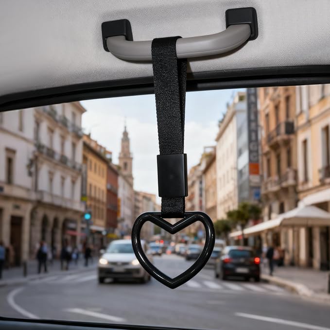 2 Pcs Heart Shaped Car Handle Strap – Drift Charm Rear Bumper Warning Ring Decor for Car Interior Exterior, Subway Bus Handle Accessory, Cute Heart Car Decor Gift for Women & Men (Black)