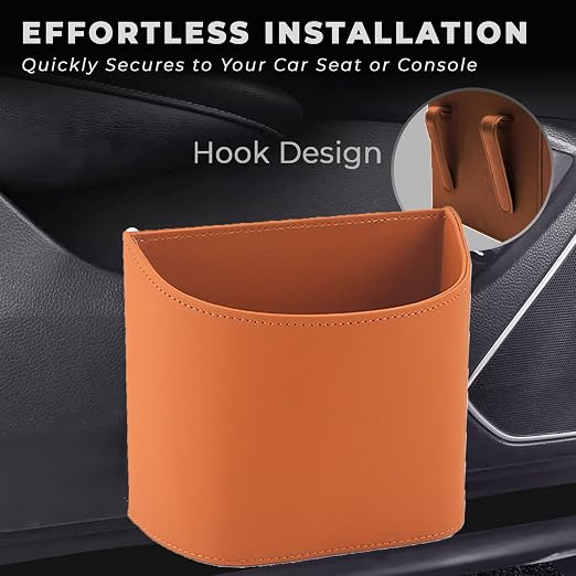 Leather Car Trash Can – Leakproof & Easy-to-Clean Car Trash Bin for Luxury Cars, SUVs & Trucks | Includes 60 Custom Liners, Secure Hook, Easy Install, Brown