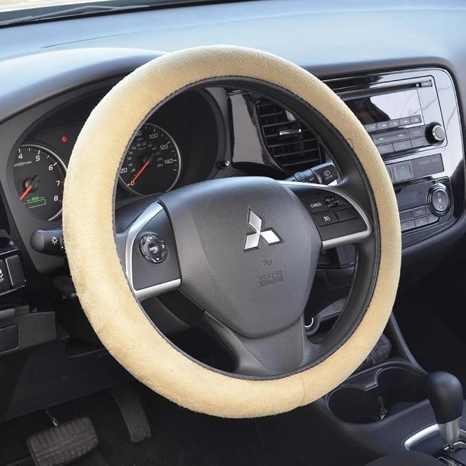 Ergonomic Leather Grip Steering Wheel Cover - Soft Plush Memory Foam Grip for Standard Size Wheels 14.5-15 inch Beige