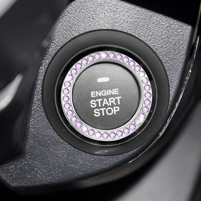 Bling Car Engine Start Ring Decals, 2PCS Crystal Rhinestone Vehicle Push Start Button Cover Sticker, Key Ignition Knob Ring, Sparkling Automotive Interior Accessories (Violet)
