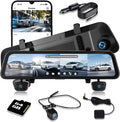12'' Rearview Mirror Camera for Cars, 360 Degree View 4 Channel Cam, 1080Px4 Rear View Mirror Cam, IR Night Vision for Left and Right Inside Car Camera, GPS, WiFi/APP Control + 64GB Card