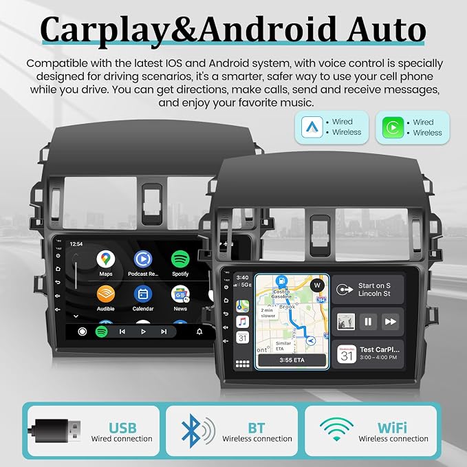 [2+64G] Android Car Stereo for Toyota Corolla 2009-2013 with Wireless Carplay and Android Auto, 9 Inch 2.5D Touchscreen Corolla Radio with EQ Sound/GPS/WiFi/SWC + AHD Backup Camera + Mic