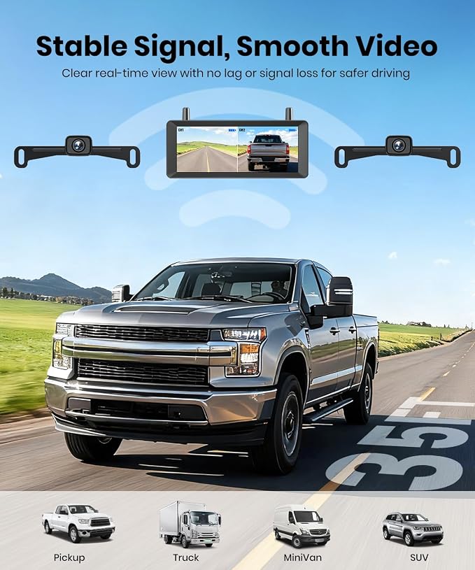 2 Wireless Backup Camera: 7.2" USB-Powered Dual Split-Screen 1080P HD Monitor with DVR Recording, Front and Rear Coverage, Stable Signal, Back Up Camera for Pickup, Trailer, SUV