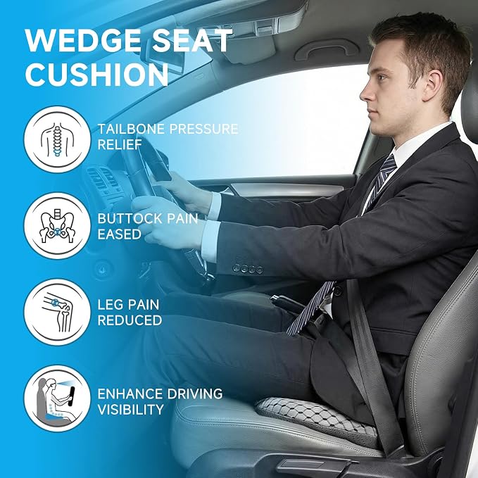 Car Seat Cushion - Memory Foam Seat Pad for Sciatica & Lower Back Pain Relief - Driving Cushion with Breathable Mesh Cover - Road Trip Essentials for Drivers (3D Gray)