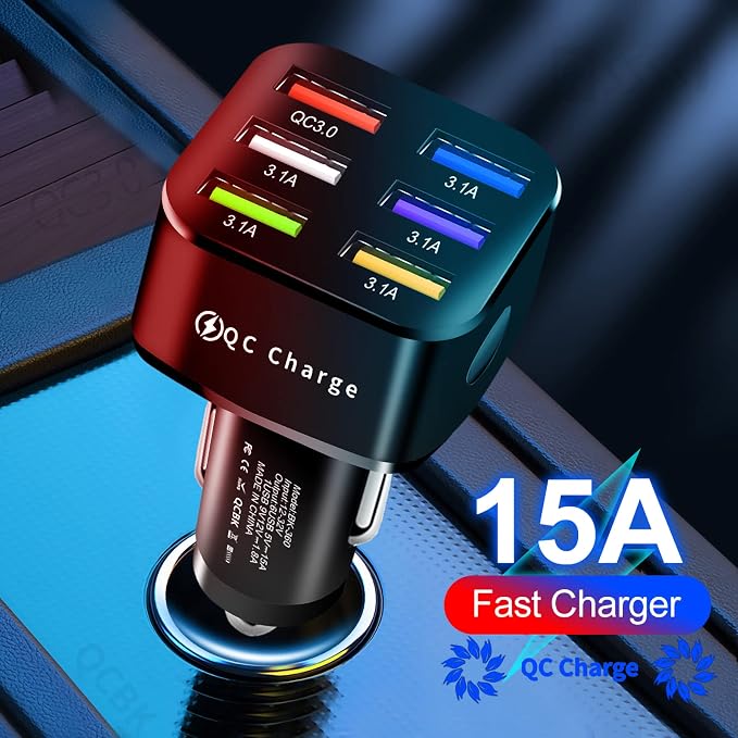 Car Charger Adapter, 6 USB Multi Port, Fast Charger, Include QC 3.0 and 5 Other Ports, Car Interior Accessories, Fit for iPhone 17/16/15/14/13Pro Max, Samsung, Android (Bright Black)