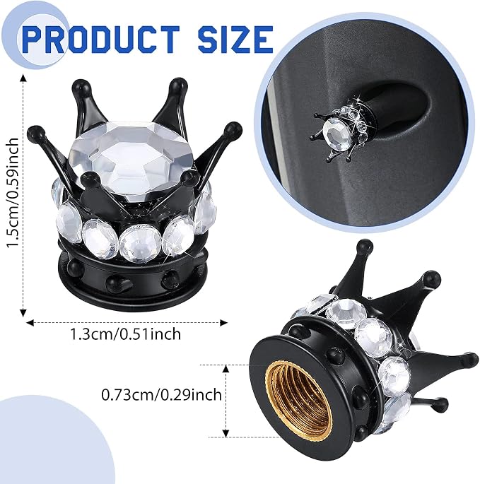 4 Pieces Crown Tire Valve Stem Caps Bling Handmade Crystal Rhinestone Universal Chrome Crown Vehicle Car Tire Caps Covers, Attractive Accessories for Car (White and Black)