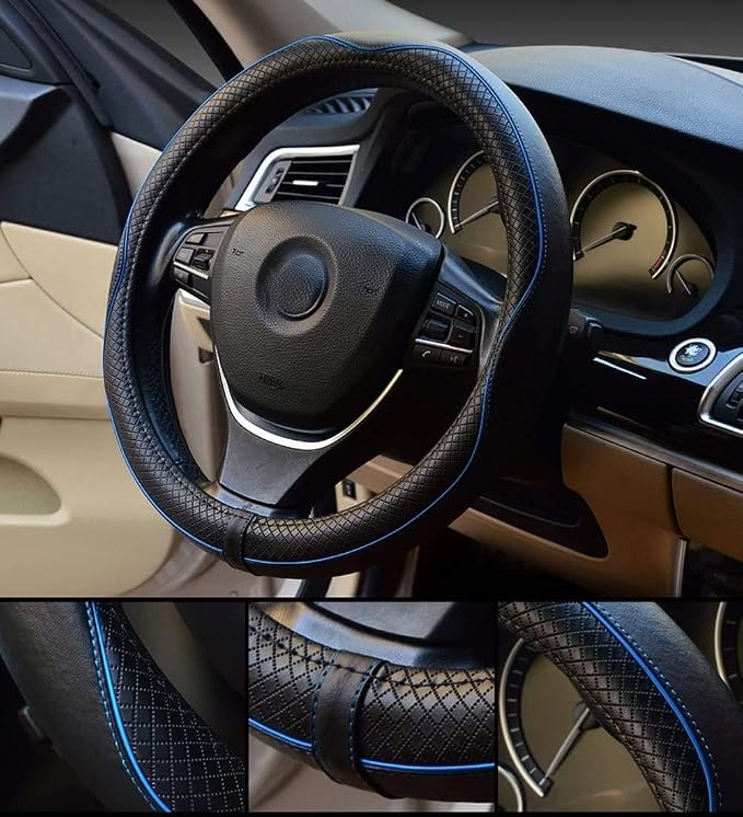 Steering Wheel Covers Universal 15.75 inch - Genuine Leather, Breathable, Anti Slip & Odor Free (Black with Blue Lines, L(15" 1/2-16"))