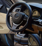 Steering Wheel Covers Universal 15.75 inch - Genuine Leather, Breathable, Anti Slip & Odor Free (Black with Blue Lines, L(15" 1/2-16"))