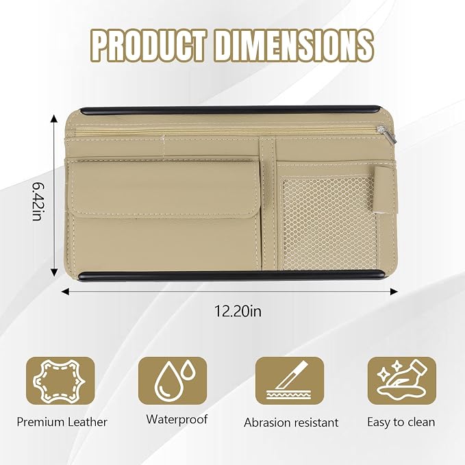 Car Visor Organizer, Leather Multi-Pocket Auto Sun Visor Storage Pouch with Sunglasses Holder, Card Holder, Zipper Pocket, Net Pocket, Pen Slot, Universal Interior Car Accessories (Beige)