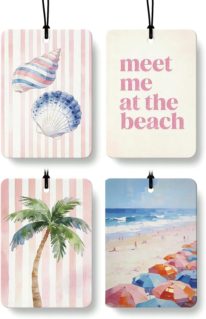 Pink Summer Beach Car Air Freshener 4 Pcs Coconut Scented, Coastal Seaside Palm Tree Car Accessories Mirror Decor for Women, Girly Beachy Hanging Air Freshener for Cars Closet Drawer Books