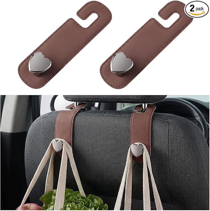 2PCS Car Seat Headrest Hook, Cute Heart Vehicle Backseat Purse Bag Hanger Organizer, Auto Seat Back Storage Holder for Groceries Coats Umbrellas, Universal for Vehicles (Brown)