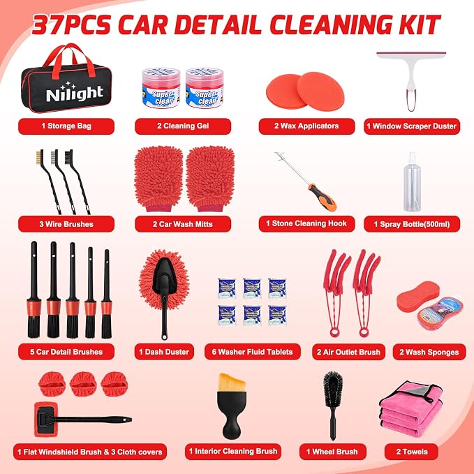 37PCS Car Detailing Kit Auto Cleaning Tools Wash Set with Storage Carry Bag Home Use for Interior Exterior Deep Clean Car Care Windshield Dashboard Seat Air Vents Wheels Tires, Red