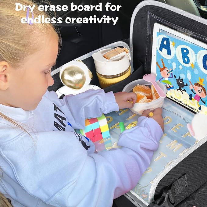Kids Travel Tray for Car Seat, Road Trip Essential Kids Lap Tray | Toddler Gift for Boy Activities with Dry Erase Board, No-Drop iPad Holder Stand, Cooler Cup Holder & Adjustable Strap, Black