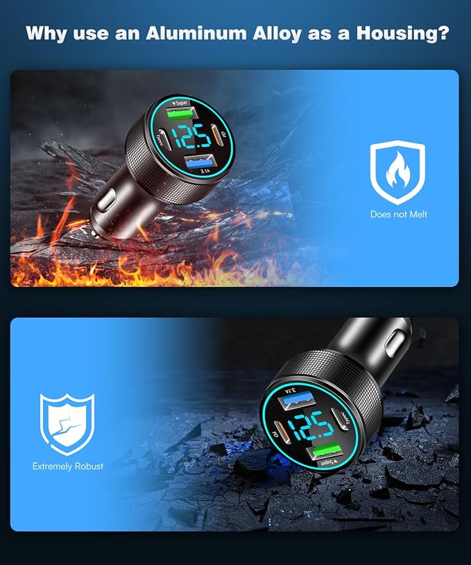 2 Packs of 66W USB C Car Charger 4 Port Car Charger Adapter with 30W PD, 3.1A Aluminium Alloy Car Cigarette Lighter USB Charger with LED Voltmeter Compatible with Phone 15 14 13
