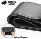 Genuine Leather Steering Wheel Cover, Stitch On Wrap, Breathable Cowhide Steering Wheel Wrap, Standard Size 15 Inch, for Car Truck SUV Pickup Boat, DIY Sewing with Needle Thread, Black