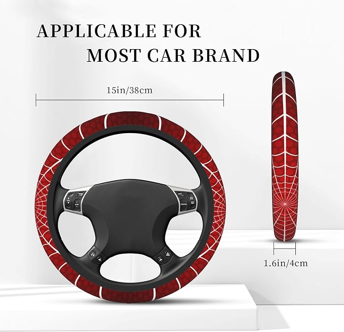 Red Spider Web Cobweb Car Steering Wheel Cover, Non-Slip Absorbing Sweat Car Wheel Cover Accessories for Men Women,Universal 15" Fit Auto SUV Vans Trucks