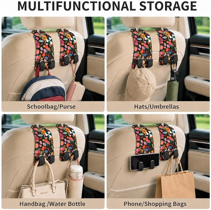 Cute Floral Car Seat Back Storage Headrest Hooks for Purses & Bags – 2PCS PU Leather Dual Metal Hooks, Backseat Organizer Accessories