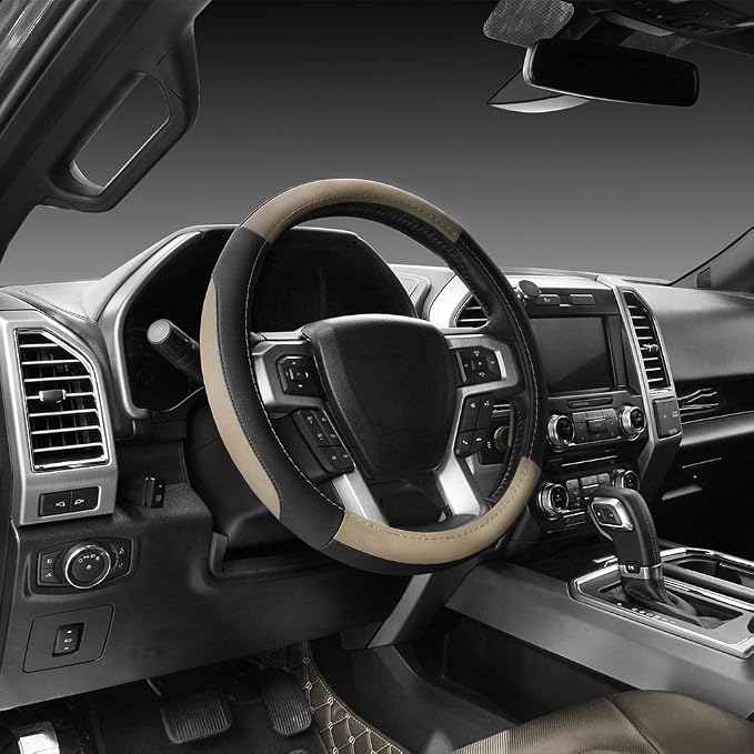 Car Steering Wheel Cover for F-150 Tundra Range Rover 15.5-16 inch, Black and Beige Microfiber Leather
