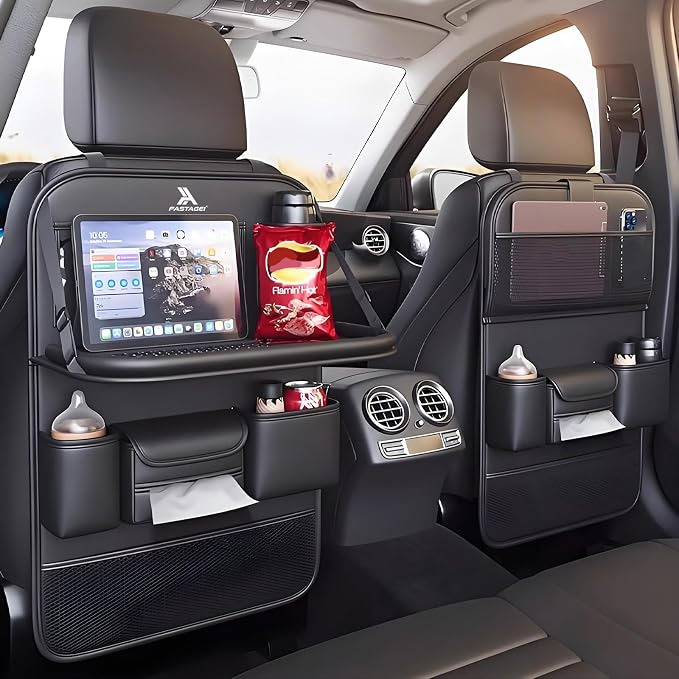 2 Pack Universal Foldable Car Backseat Organizer with Table Tray, Car Seat Back Protector with Touch Screen Phone Holder, Premium Leather Kick Mats with Storage Pockets Tissue Box (Black)