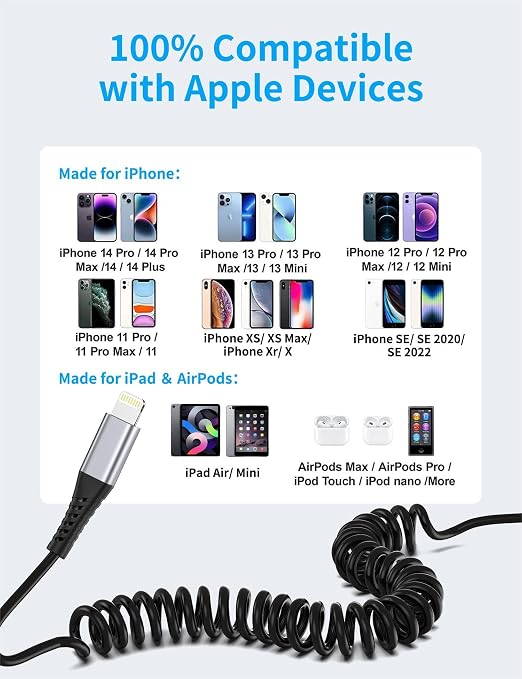 Coiled Lightning Cable for Car, 2Pack Retractable iPhone Charger Cable Fast Charging, [MFi Certified] Short Apple CarPlay USB to Lightning Cord for iPhone 14 13 12 11 Pro Max Mini XR XS 8 SE iPad