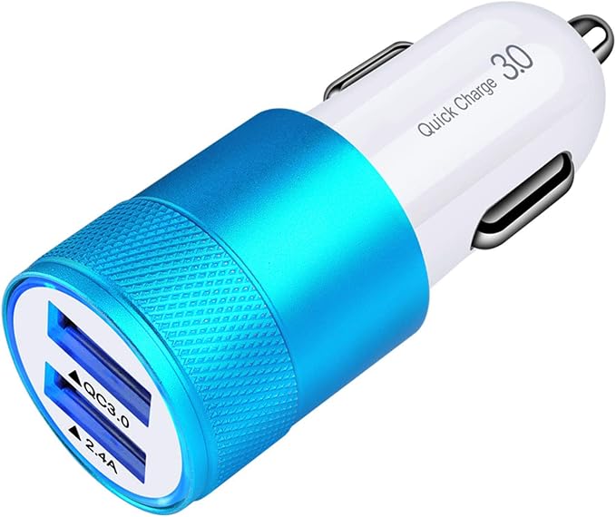 Fast Car Charger, Quick 5.4A/30W Dual USB, QC 3.0 & 2.4A, Compatible Samsung Galaxy S23 S22 S21 S20 S10 S9 S8 Note, iPhone, Blue, Minimalist Style
