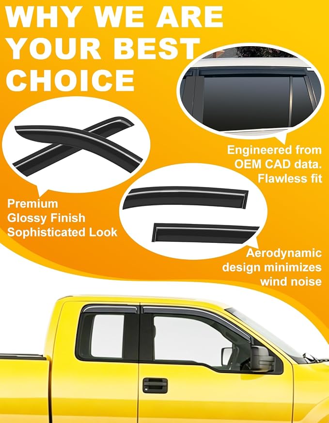 Extra-Thick Window Rain Guard for 2004-2014 Ford F150 Extended Cab/SuperCab Rain Guards Tape-on Side Truck Window Visors Low Profile Vent Visor Window Deflectors Vent Shades Car Accessories