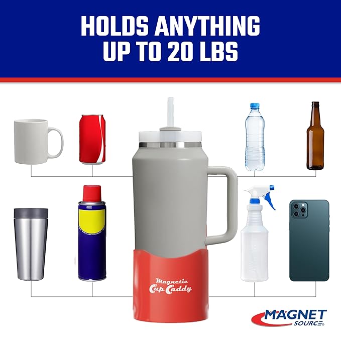 Magnetic Cup Holder - Caddy for Bottles, Glasses, and Cans - Fits on Fridge, Lawnmower, Forklift, Cart, or Ladder - Heavy-Duty Magnet