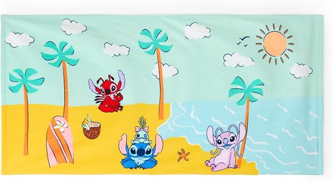Store Official Stitch Beach Towel with Leroy, Angel & Scrump Screen Art on Topside - Measures 29" x 58" - Soft & Absorbent for Pool or Beach - Bath Towels for Kids Who Love Lilo & Stitch