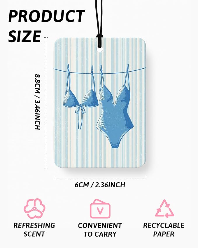 Blue Coastal Summer Car Air Freshener 4 Pcs Coconut Scented, Blue Ocean Bikini Beach Car Accessories Mirror Decor for Women, Girly Beachy Hanging Air Freshener for Cars Closet Drawer Books