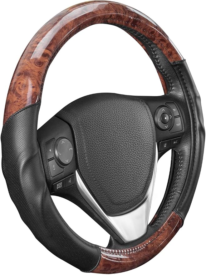 Dark Wood Grain Steering Wheel Cover with Black Faux Leather Comfort Grip, Standard 15 inch Size, Car Steering Wheel Cover for Truck Van SUV Auto