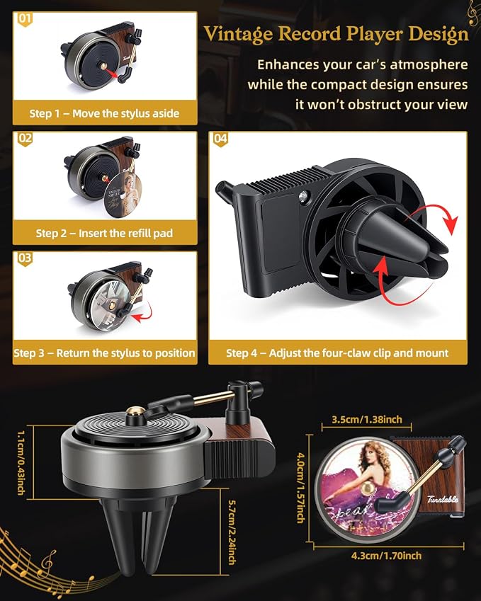 Record Player Car Air Freshener Vent Clip, 12PCS Vintage Album Style Refill Pads, Air Freshener Car Decor Accessories, Cologne Scent Air Fresheners for Car, Music Lovers Gifts