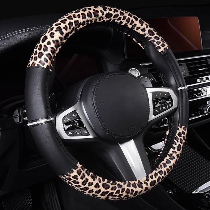 Leopard Steering Wheel Cover - Bling Crystal Rhinestones Cheetah Print on Leather Non-Slip Breathable Design for Women/Girls Universal Fit 14.5-15 Inch(Black & Yellow)