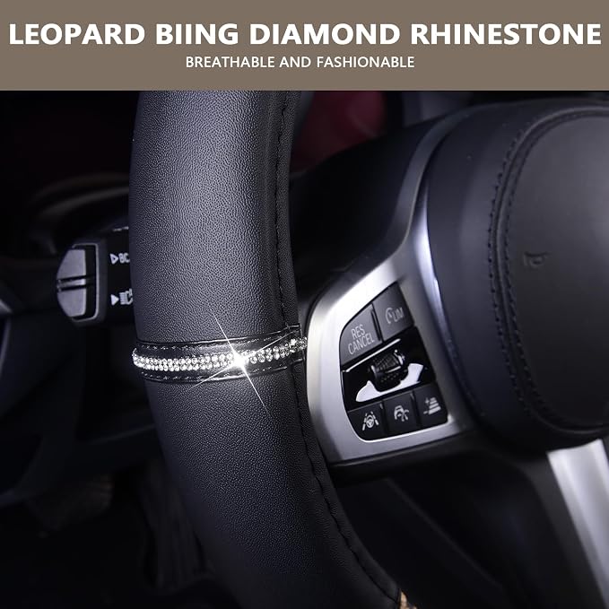 Leopard Steering Wheel Cover - Bling Crystal Rhinestones Cheetah Print on Leather Non-Slip Breathable Design for Women/Girls Universal Fit 14.5-15 Inch(Black & Yellow)
