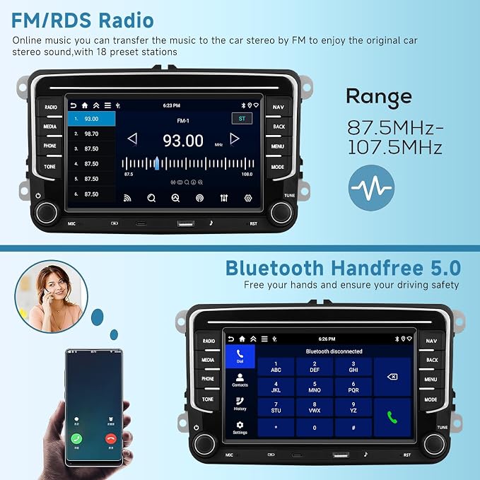 [Type-C+USB] 4G+64G Car Radio for VW Jetta Seat Passat Tiguan Golf Skoda with Wireless Carplay/Android Auto, 7 Inch IPS Touch Screen Car Stereo with Android 13 DSP Audio GPS WiFi Bluetooth
