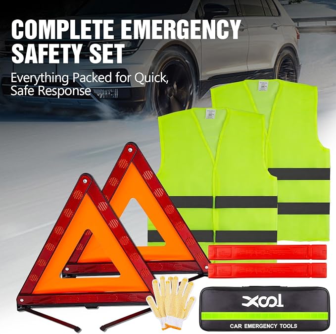 Emergency Warning Triangle Kit – Roadside Safety Kit with Reflective Warning Triangles, High-Visibility Safety Vests, Storage Bag & Gloves for Car Breakdowns & Emergencies